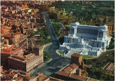 The road he built through the forum, and the enormous white "wedding cake" monument he smacked onto the side of the poor innocent Capitoline hill.  The Temple of Jupiter would be just off-camera to the right, behind the huge white thing.