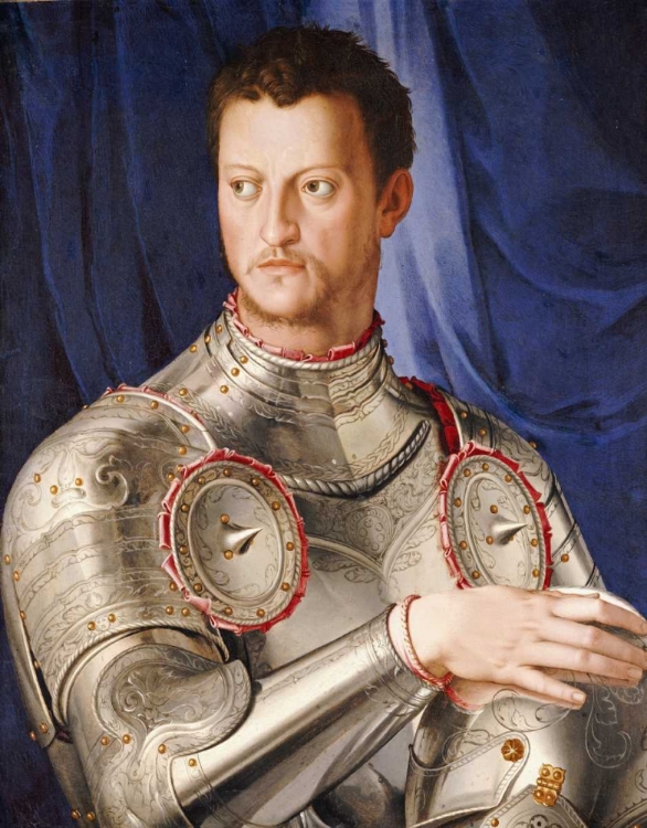 Portrait of Duke Cosimo I again , looking much more like a nobleman in his shiny armor compared with his humble mercantile great, great, great - grandfather.