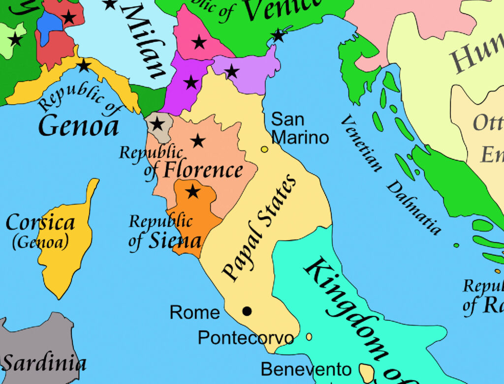 Map of central and northern Italy circa 1450, showing the Papal States surrounded by a complex colorful array of other powers, clearly a messy political situation.