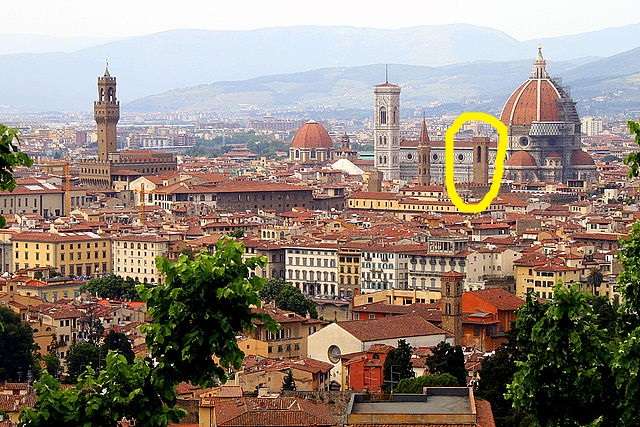 Photograph of the Florence skyline from the south side of the river. Sticking up above the sea of fairly flat tiled roofs one can see a few distinctive buildings. To the left is the battlemented Palazzo Vecchio with its tall square battlemented tower. To the right and behind it (hard to see) is the city granary. Toward the center is the red dome of San Lorenzo, and in front of it the white hexagonal pointy roof of the Baptistery. Just to the right of the baptistery is the enormous cathedral with its stripey bell tower and massive dome. In front of the cathedral are two towers, one pointy, and one square; the square one is circled in yellow and we'll zoom in on it in a moment.