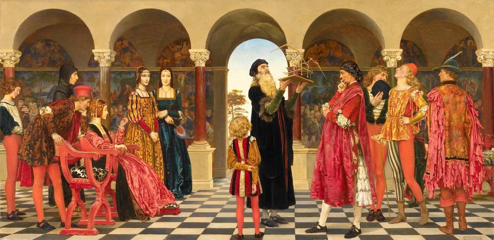 A painting of the court at Milan. Standing on a checkerboard floor in front of a frescoed colonnade, Leonardo da Vinci shows a model of his flying machine to thoughtful Duke Ludovico and his son Massimiliano, who appears to be six or seven years old (older than he was when his mother died and father was captured). To the left, his mother Duchess Beatrice sits in one of a pair of fancy red chairs, while the other stands empty but a man who could easily be Galeazzo Sanseverino stands behind it, leaning close to the duchess whispering in her ear. Standing behind them are Cecilia Galerani, Elizabetta Gonzaga, and Savonarola, all recognizable from their famous portraits. A page boy behind holds a pet monkey. To the right, behind the Duke, three gentleman courtiers in gorgeous court finery watch, two looking at the model while one veils his mouth with his hat as he whispers to his companions