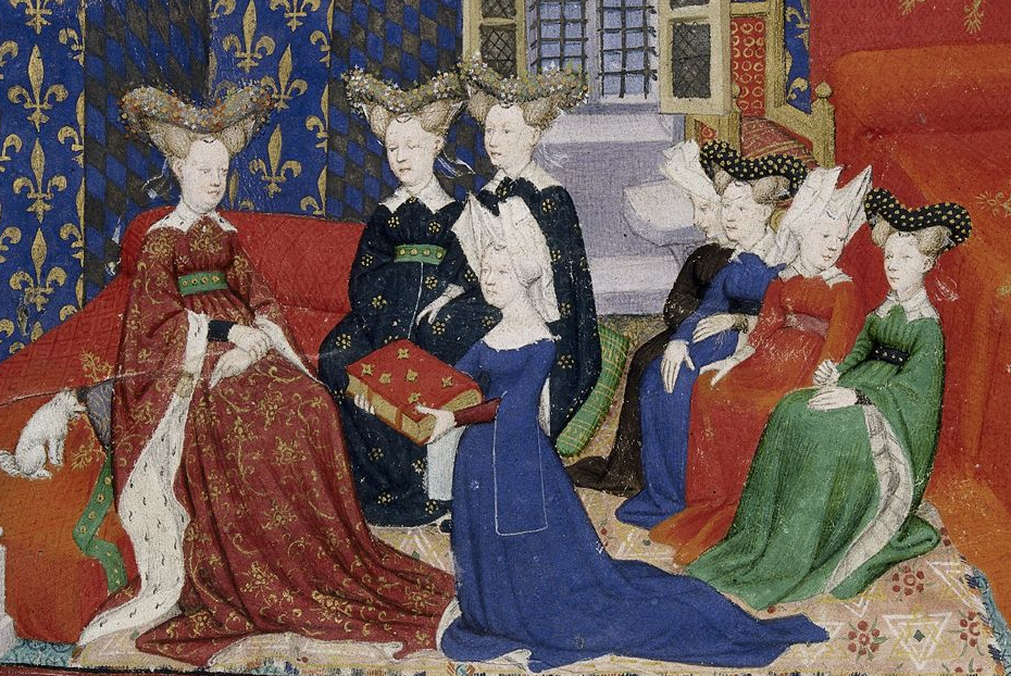 Illumination showing Christine de Pisan before Queen Isabeau, all the ladies wearing hennin hats like Clarice's, with pearl-covered horn-like protuberances sticking up high above the head. Some have white veils over them, others just oodles of pearls sewn onto costly cloth.