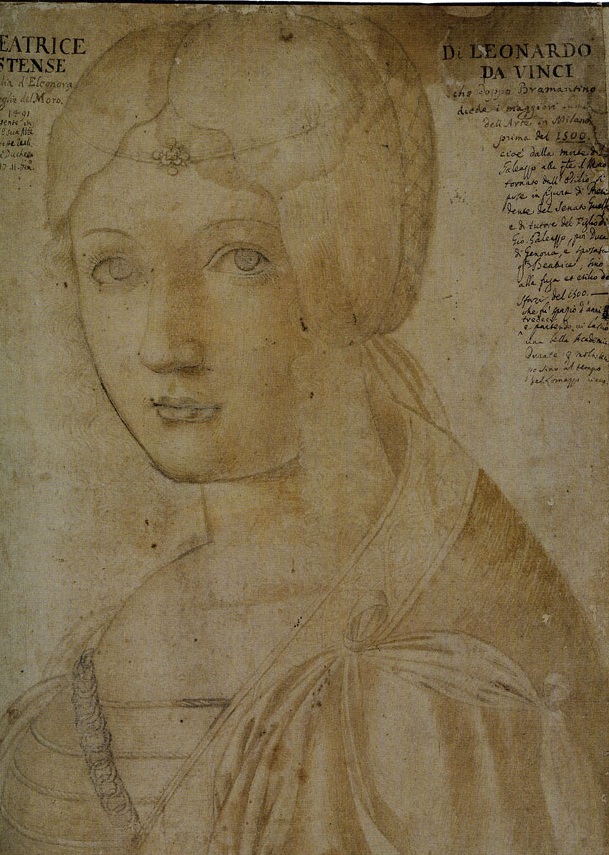 Sketch of Beatrice d'Este by someone in the circle of Leonardo da Vinci. She wears anelegant gown on her sloping shoulders, and has her long hair pulled back in the Neapolitan or Spanish style favored at the court of Milan, with a circlet around the top of her head and a hair net over the back of it above a long bundled braid.