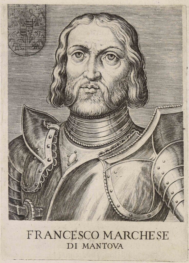 Black and white print portrait of Francesco Gonzaga, looking much like his earlier portrait with a full manly beard and wearing full armor. His coat of arms, covered with imperial eagle imagery, appears in the top left corner.