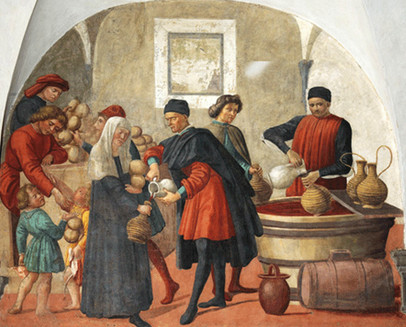 Fresco from a cycle in a confraternity house in Florence, a club whose members were men of good families and did charitable deeds, in this case fiving drink to the thirsty, as poor people gather with jugs which the volunteers are filling with wine. The two members of the confraternity wear black and red outfits with a long lucco robe over an under-tunic, the man at the center wearing a black lucco over a red tunic, the one at the right wearing a red lucco over a black tunic. In the back left two more members wear black and red as well, their wealth conspicuous compared to the much less vivid dyes of the fabric worn by the poor people they are helping.