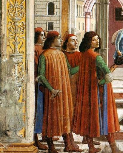 Another fresco showing four younger Florentine men wearing the long lucco over their light summer doublets (less warm than the long tunics). One can see the lucco goes a bit past the knee, and they wear ones with contrasting colored lining, blue against the red over green doublets.