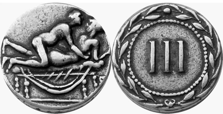 Image of both sides of what looks like a coin. The front depicts two naked people face down on a bed in the act of having anal sex. The back, surrounded by a Roman olive garland, depicts the Roman numeral III, indicating value and price as the token is used in a brothel.