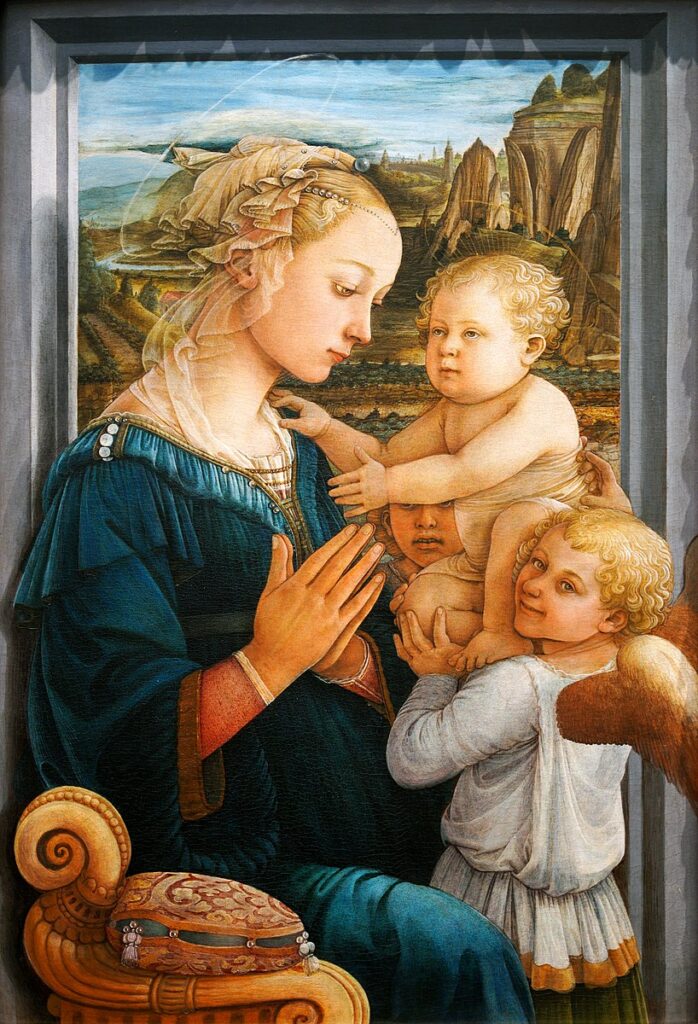 Iconic Filippo Lippi painting of the Madonna, with her hair covered with a light veil and strands of pearls. This is one of the earliest paintings we look at and think "She looks beautiful!" in part because she finally doesn't have a hat or totally-covering veil!