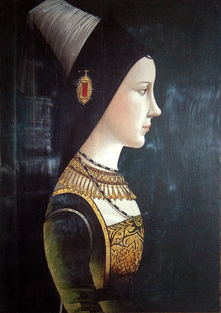 Portrait of Mary Duchess of Burgundy, wearing a tall cone-shaped Hennin hat with a gold jewel on the side.