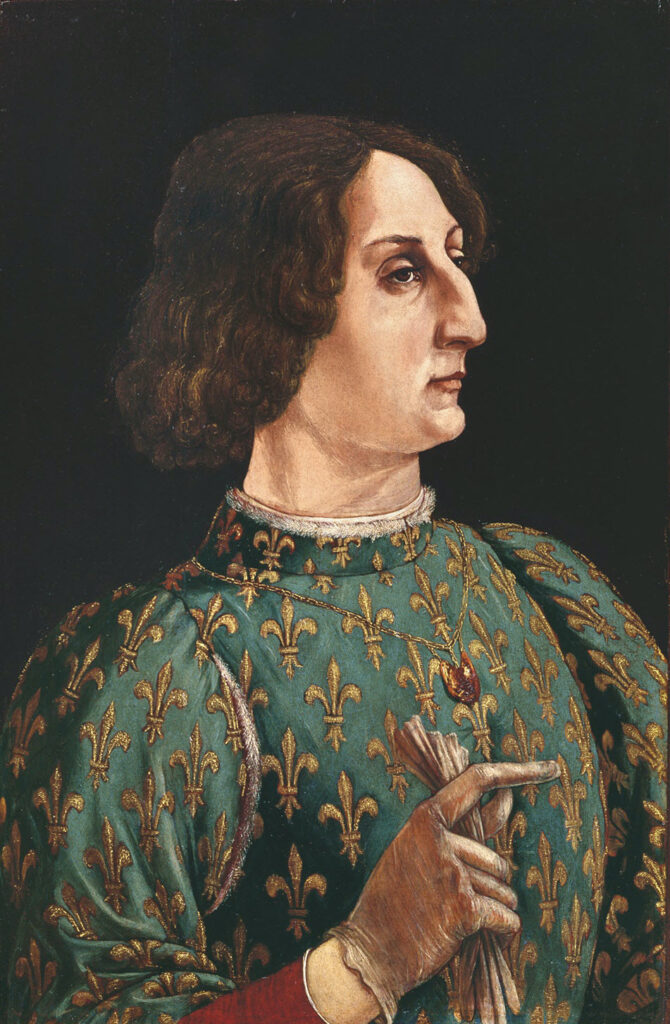 Galeazzo Maria Sforza Duke of Milan, wearing a very expensive doublet with gold fleur-de-lis on blue. Lorenzo owned this portrait, but would never, ever have owned this outfit!