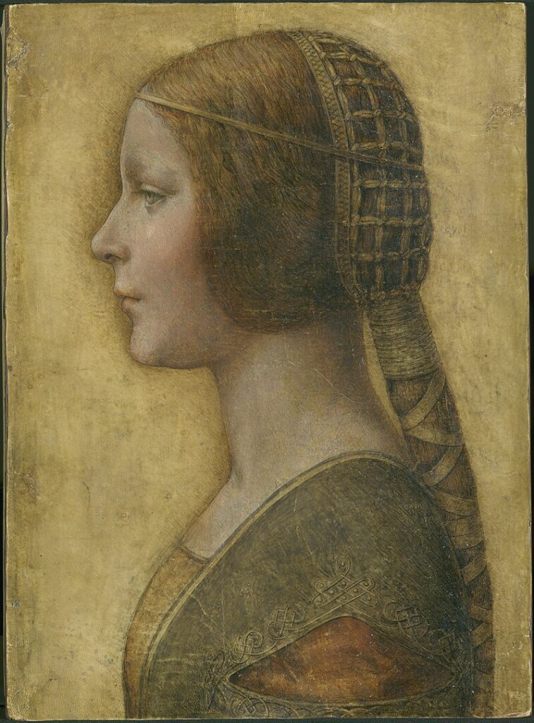 Probable portrait drawing of Bianca Giovanna by Leonardo da Vinci. She too is depicted in profile with her hair in the Spanish style, a golden circlet holding a golden hair net in place above her long gold-bound braid. She wears a greenish gown over red and yellow underlayers.