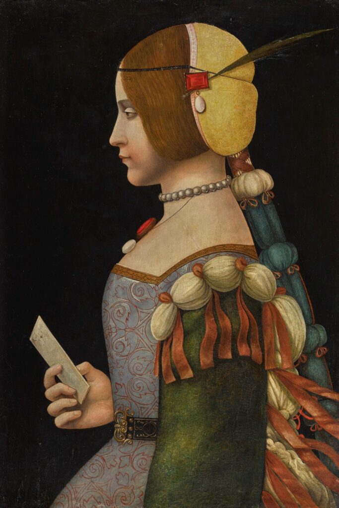 Portrait probably of Beatrice d'Este by Bernardino de' Conti called "The Rothschild Lady." She wears the same hairstyle with a circlet cord around her forehead and a golden hairnet over the back of her head, above a long braid wrapped in blue fabric. A large red brooch with a drop pearl and a feather pins the circlet at the side of her head. Her gown is blue and gold spiral brocade with green sleeves attached with pink ribbons. She wears a necklace of large pearls, and holds a letter in her hand.