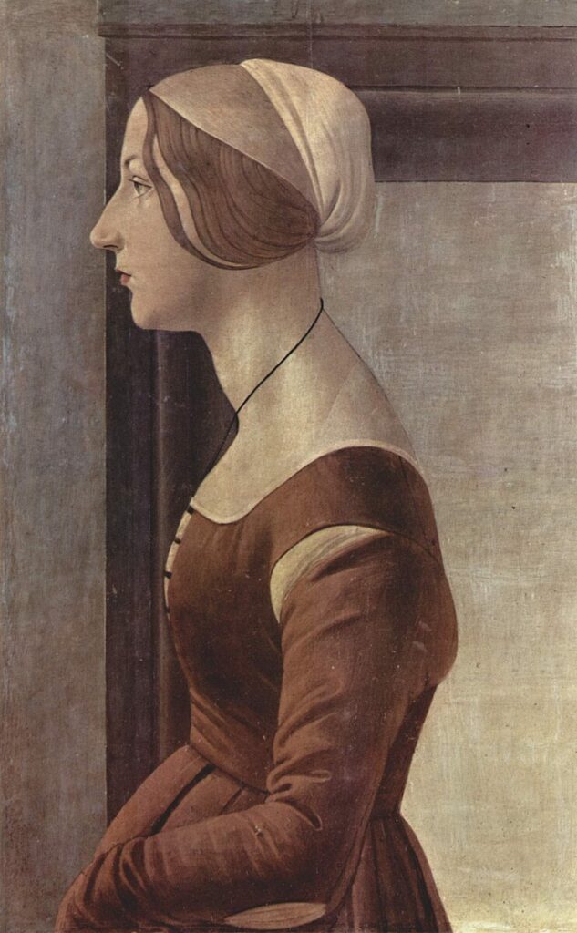 Portrait by Botticelli thought to possibly be a Medici woman, perhaps Clarice's daughter Maddalena, dressed as she should in Florence, in a very modest brown gown with her hair up in a simple veil.