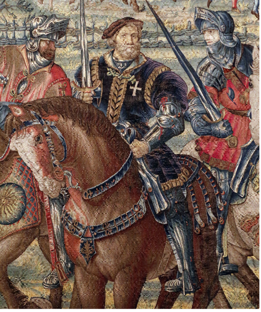 Tapestry probably showing Galeazzo Sanseverino as a mature man in his final battle, wearing armor and wielding a sword as he sits atop a finely-arrayed brown horse. He is still wearing a black garment over his armor.