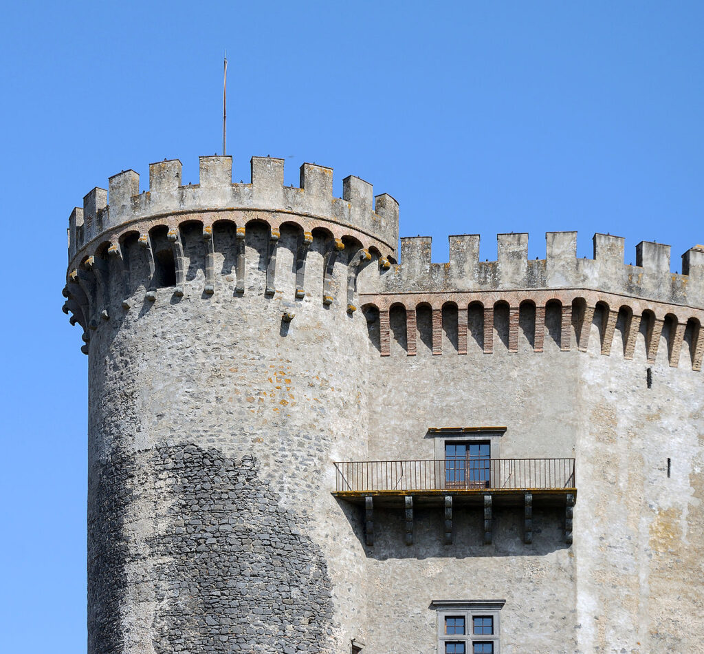 A battlemented tower, looking very imposing and Medieval, part of the Orsini castle at Odescalchi, one of many, many castles owned by Clarice's kin.