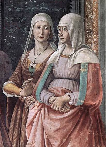 Similar fresco in which Clarice, on the right, is dressed much the same, in pink over pale lavender with her hair covered with a plain white veil.