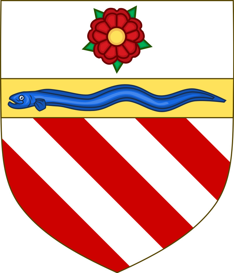 The Orsini family coat of arms, with a heraldic red rose at the top on white, then a horizontal yellow stripe with a blue eel (probably representing speed/quickness/audacity) and the lower section has red and white diagonal stripes. One sees this crest all over the place in Rome, and much of Italy.