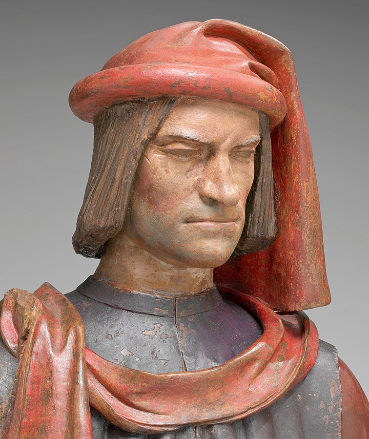 The famous terra cotta bust of Lorenzo. His flattened nose (broken in a brawl in his teen years) makes him look very different from his family, but its conspicuousness made it take a long time for us to notice he also has thickened bone development in his brows, cheekbones, and unusual jaw shape, and a tightened mouth consistent with muscle strain from overgrowth of the jawbone. Skeletal examination found evidence in his hands, his knees etc.