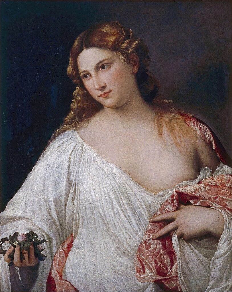 One of innumerable Titian paintings of his Flora. In this version she wears a white silky chemise not quite falling off of her, with a pink damask wrap around it. She holds roses in her hands, and her golden curly hair falls behind her and over one shoulder. Her figure is healthy, voluptuous and round, a look Titian worked into many popular works.