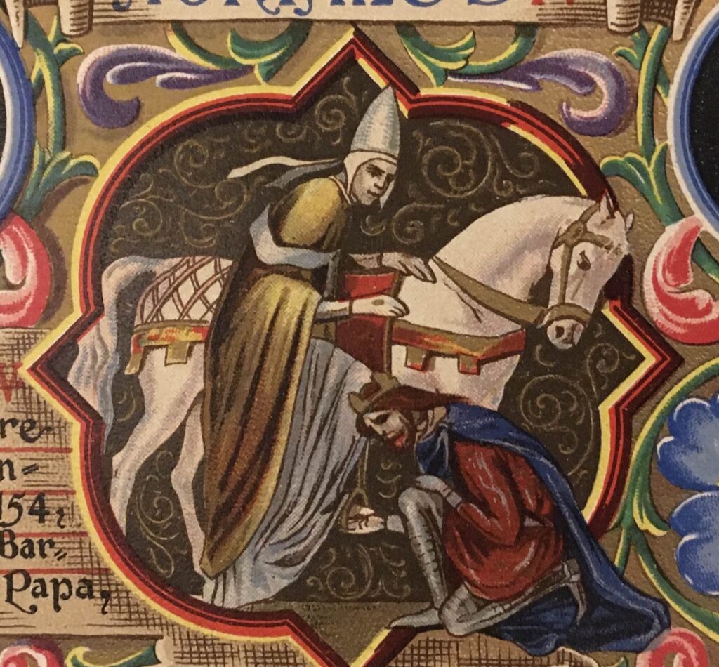 The ceremony of holding the stirrup of an arriving high-status guest, illustrated here showing Emperor Frederick Barbarossa doing it for Pope Adrian, kneeling beside the horse and holding the stirrup as the pope mounts. This kind of thing casually for any arriving minor noble from anywhere was a brilliant way for Medici to perform non-princliness, since it's usually a servant's job (hence the pope humiliating the emperor by making him do it) but look at those harshly bent knees!