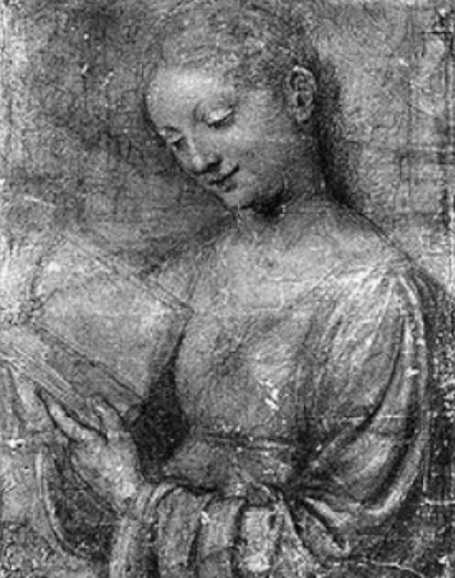 Black and white image of a drawing possibly of Anna Maria Sforza. She wears loose robes and is reading a book. She has a delicate facial expression and posture similar to many women depicted by Leonardo da Vinci.