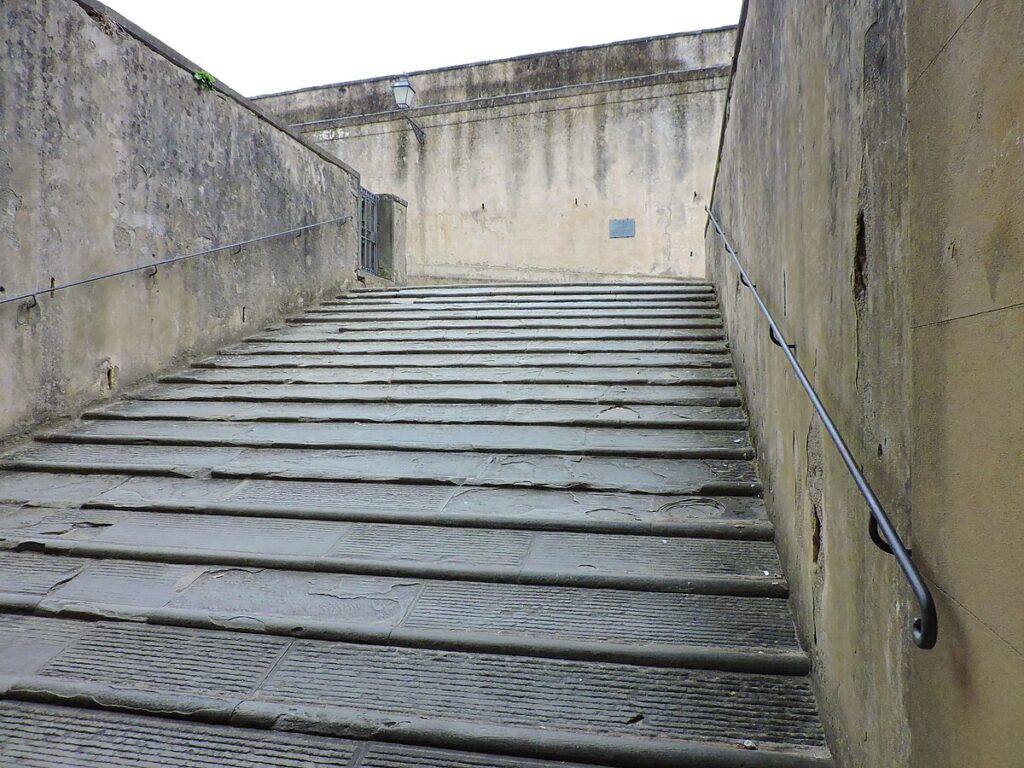 A shallow sloping section of floor something between a ramp and a staircase, as each step itself slants but is about 2/5 feet deep, while the lips up from step to step are very shallow and slightly raised. This type of staircase is optimized for taking on horseback, and common in the Medici family gardens, which is where this specimen is located.