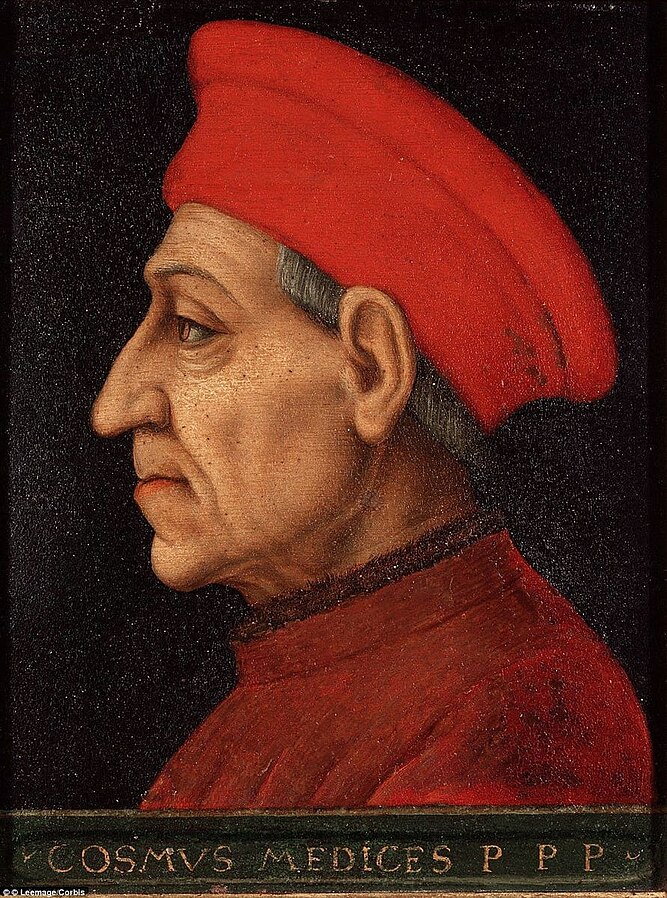 Portrait of Cosimo de Medici by Bronzino. Pictured in his 60s, his face is very lined with age (and pain). He wears a round wool red cap and a red wool robe, in the humble Florentine merchant style.