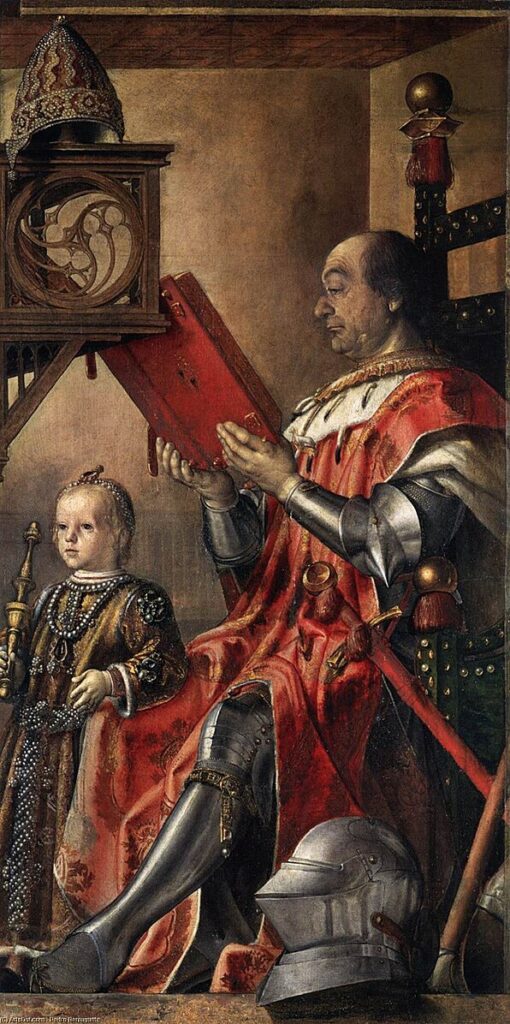 Painting showing Guidobaldo da Montefeltro as a little boy standing in grand ducal robes beside his father, the fearsome Federico who sits in a throne wearing a royal mantle over full plate armor while reading a massive manuscript book. Because that's what real badass mercenaries do, they sit around in full armor reading Latin to their kids!