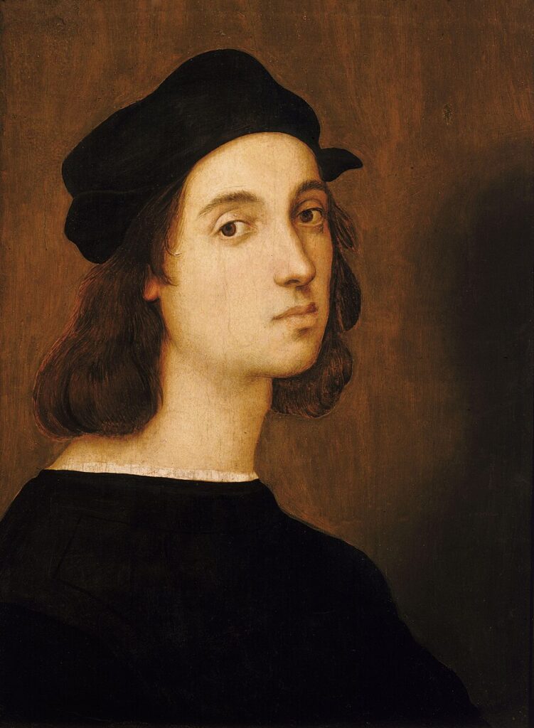 Raphael's self portrait, when he was young with a beardless, youthful face. He wears a black hat and black doublet over a white shirt, and looks sweet and boyish. In contrast with the moody and dramatic Michelangelo, Raphael appears less in period dramas, I think not just because his life was shorter, but because everyone describes him as the sweetest sweetie pie who ever sweetie pied, so I think people think he wouldn't make as good a drama. I disagree!