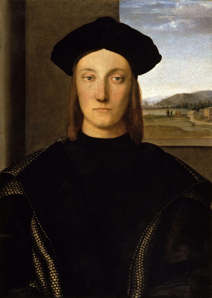 Raphael's portrait of Duke Guidobaldo da Montefeltro. He has honey-brown shoulder-length hear and wears luxurious black silks decorated with gold thread, demonstrating his extreme wealth and trade contacts with Persia (the source of such fabrics at the time). His expression is calm. To modern eyes he looks quite feminine, but that hairstyle and the lack of beard were fashionable for men at the time.