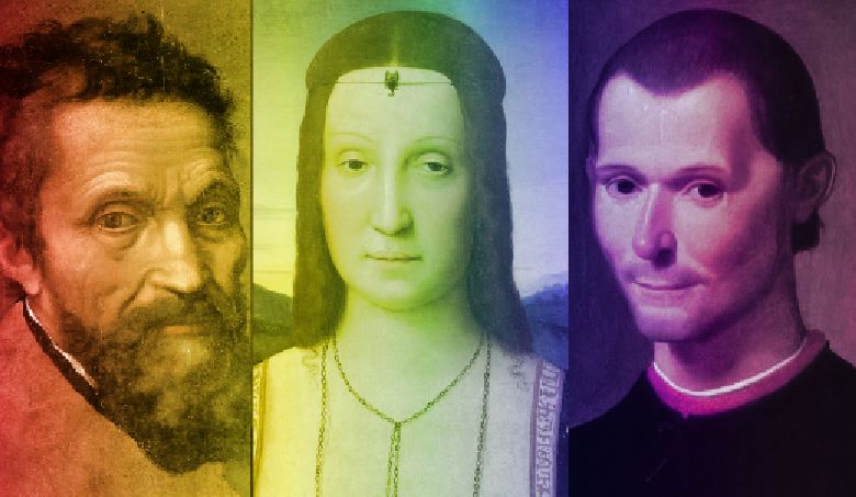 Rainbow filter over a three-part collage made from portraits of Michelangelo, Machiavelli, and the Raphael portrait of Duchess Elizabetta Gonzaga