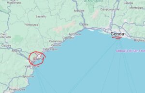 Map showing the location of Savona on the coast west of Gena, near where Italy and France touch today.