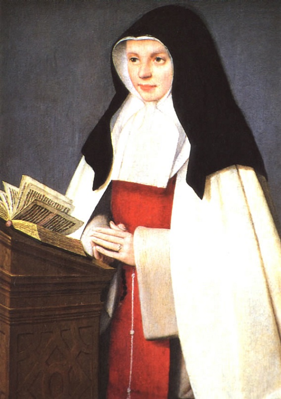 Portrait of Jeanne de Valois later in life after her annulment, when she got to live as a nun. She wears a black and white wimple over a white cloak and a red tabard, and stands in front of a book stand. While documents surrounding such a woman are hard to trust, they suggest strongly that she'd always been excited by the idea of joining a nunnery with its welcoming all-women intellectual community.