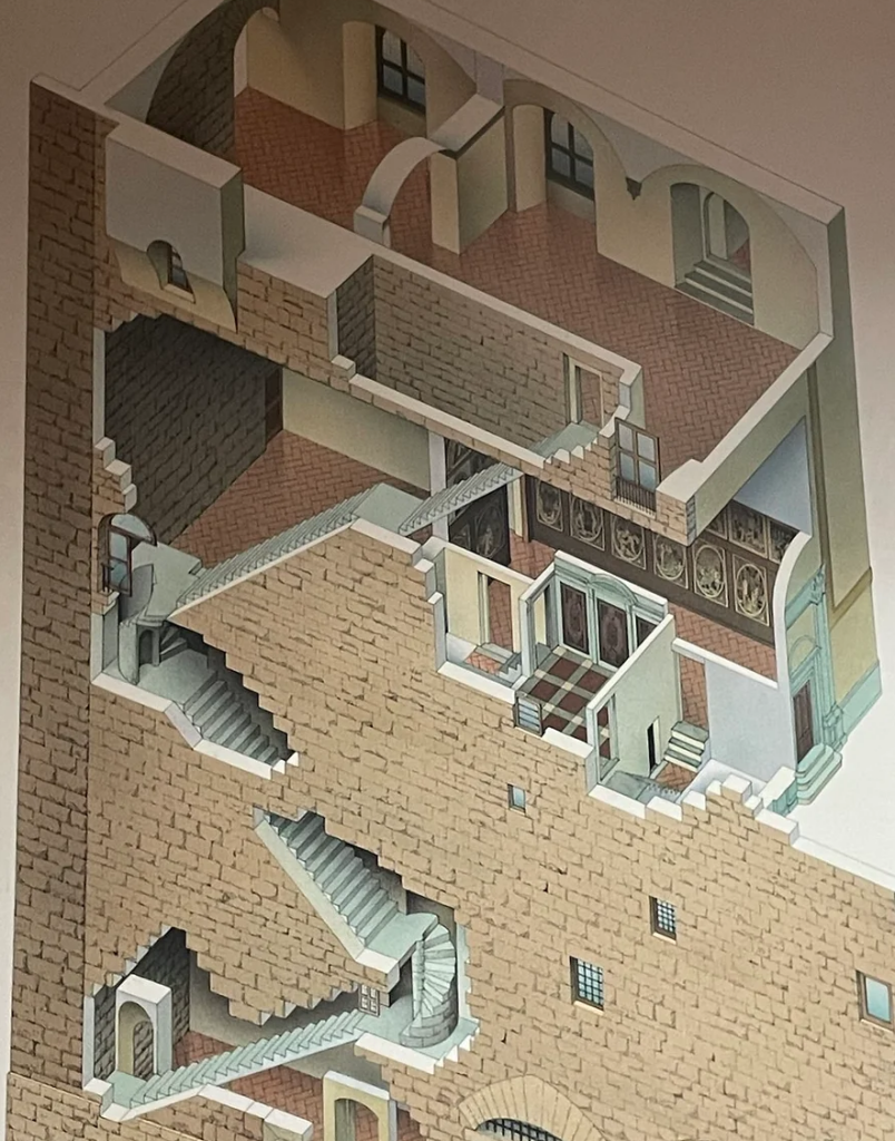 Diagram of one of the sets of stairs inside the Palazzo, sowing a flight up from the ground, then a twisty spiral, then a long double flight, then a landing and a mini-flight, then another flight, then yet another flight, burrowing like worm tunnels through the stone. These are the secret tunnel passage stairs for emergency evacuation and servant movements, but the main stairs, though harder to diagram so clearly, are just as numerous and just as stone!