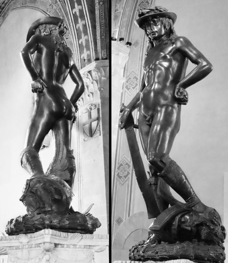 Donatello's David, made for Cosimo de Medici. The youth stands with one hand on his hip, the other on the hilt of slain Goliath's broken sword, standing completely nude except for a military helmet crowned by a victory garland, and gorgeous fantastical boots. His asymmetric pose exaggerates the curve of his hips in a way which looks practically like the poses people put female comic book characters in, especially when viewed from behind.