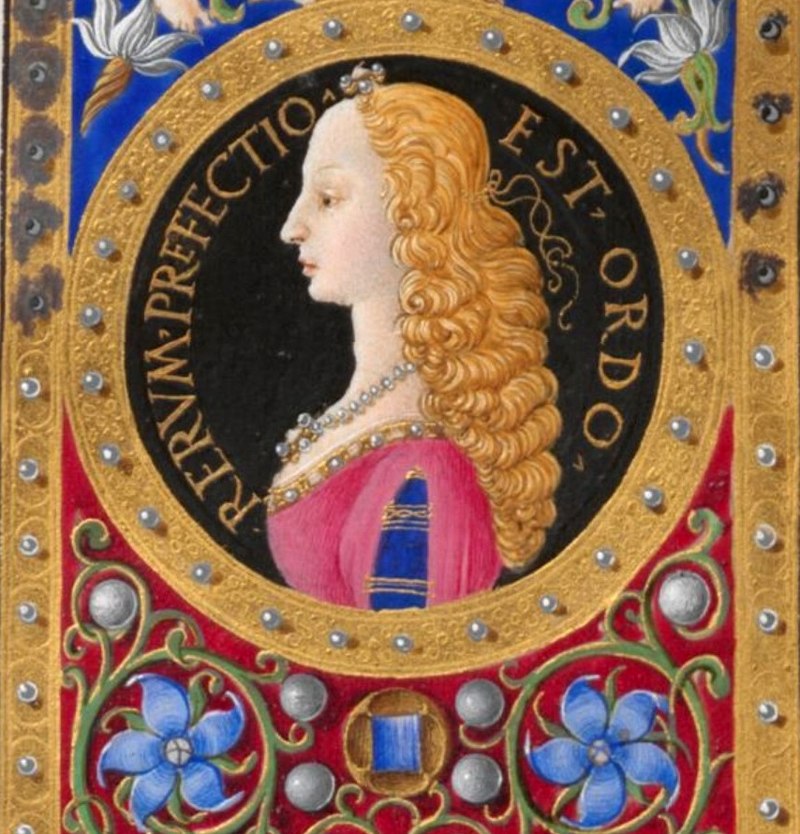 Illuminated manuscript portrait of Beatrice of Naples. She is depicted in profile facing left, in the style of a Roman coin. Her hair is golden-auburn and curly, her hairline and forehead extremely high in the fashion of the period in which women plucked out the front part of their hair to make their foreheads higher (visible in the Mona Lisa etc.) She wears a pink gown over blue, trimmed with gold and pearls, and a pearl necklace. Around her the frame is painted with gold and pearls, and surrounded by flowers. The text "Rerum Prefectio Est Ordo" rings her, i.e. "Order is the ruler of all things."