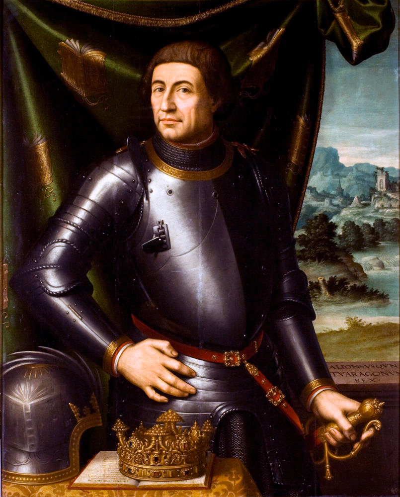 Portrait of King Alfonso, Beatrice's grandfather. He stands confidently wearing armor, with both his military helmet and his crown on the table in front of him. He wears a fancy red belt with gilded decorations, and his hand is on the golden hilt of his sword. He has short brown hair and smiles confidently. The background is a silky drape partly pulled back to expose a window with the countryside and a castle beyond