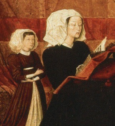 Painting of Beatrice's mother Isabella of Clermont, with one of her daughters. Isabella is depicted reading a book, wearing a black gown with an elaborate white headdress; her daughter is dressed almost identically.