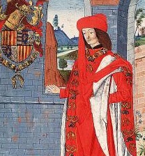 Beatrice's father Ferrante of Naples, in a miniature in an illuminated manuscript. He leans on the window of a castle, dressed in long white-lined red robes and a red hat, wearing the chain of office of the Order of the Golden Fleece. Next to him is the fancy coat of arms of the royal house of Aragon, quartered with that of Naples.